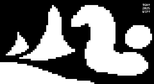A bunch of crude, white, blocky shapes on a black background. There are two vaguely triangular shapes, a curved noodle, and an oval in the background; and in the foreground, there is a long, curving strip.