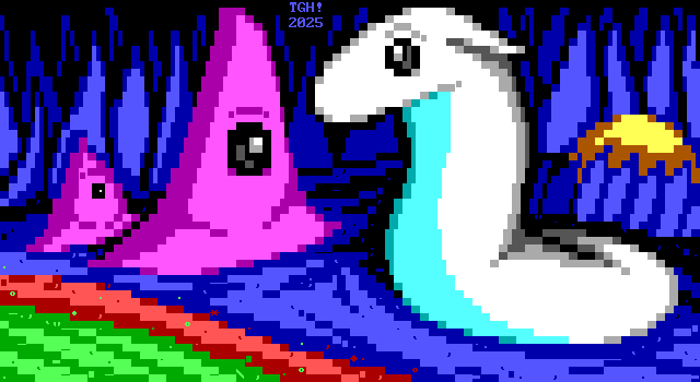 The previous image's crude shapes transformed into science fiction textmode artwork by living hands. On an alien world, in a patch of blue ground surrounded by tall blades of blue grass, two magenta prism-shaped creatures with one eye each amble toward a white serpentine creature with a cyan underbelly and pointed ears folded against its head. Behind the snake is a giant, golden egg surrounded by shorter blades of grass. Beside the creatures, a line of red soil borders a natural, bubbling acid bath.