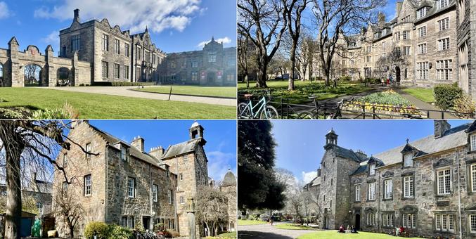 Four photo collage of grand old buildings. Grey/brown stone walls; grey tile roofs; small windows, mostly white frames. Surrounded by grass lawns and trees starting to take leaf. Top right: bicycles leaning against a black iron fence. Bottom right: two or three students sitting on the grass and on a bench.  Bright, sunny, early Spring day. Bright blue skies. Some white clouds.