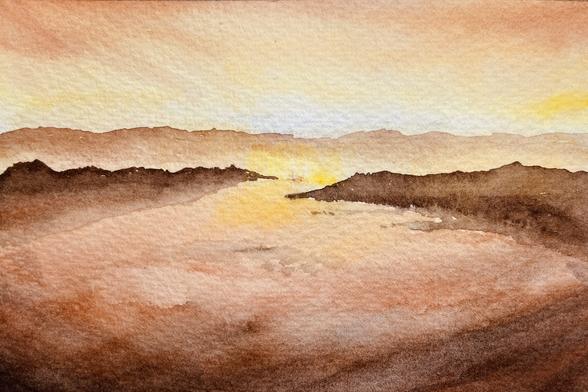 This painting shows a quiet river or lake stretching into the distance, nestled between gentle hills, with a soft glow spreading across the sky and reflecting off the calm water, creating a peaceful, dreamlike atmosphere.