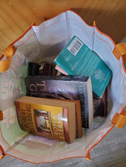 A reusable grocery bag full of books. Titles you can see include Roma Eterna, Throne of Glass, Circe, and The Second Book of Lost Swords