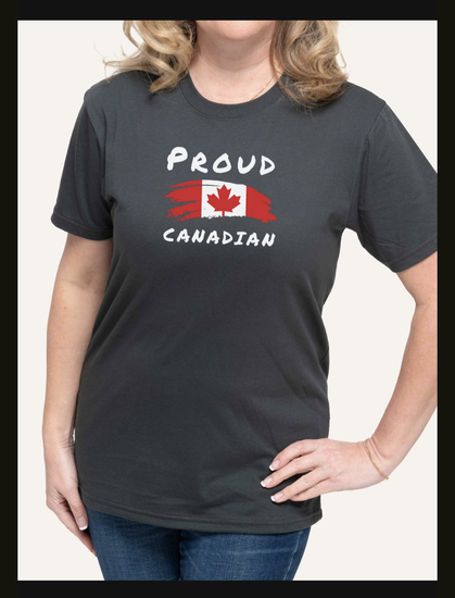 Mid-grey t-shirt with hand-written looking text in white
PROUD
CANADIAN
and a scribbly-looking flag of Canada in red and white