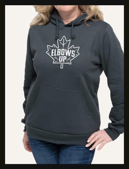 Mid-grey woman's hoodie with white logo on front:
A white outlined maple leaf, with text inside it:
ELBOWS UP