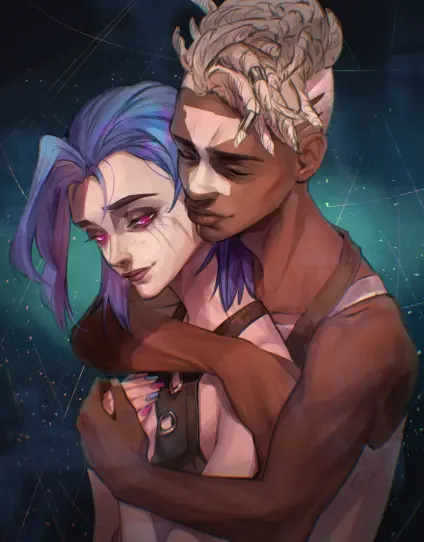 Jinx holding her hands over her heart, with Ekko hugging her from behind, covering her hands with one of his.