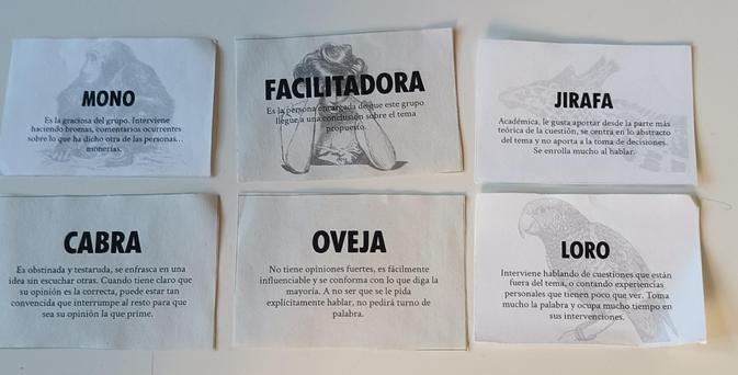 Tarjetas con roles que sueles estar presentes en reuniones o asambleas. Con analogías de animales.

Mono: Es la graciosa del grupo. Interviene haciendo bromas, comentarios ocurrentes sobre lo que ha dicho otra de las personas... Monerías.

Facilitadora: Es la persona encargada de que este grupo llegue a una conclusión sobre el tema propuesto.

Jirafa: Académica, le gusta aportar desde la parte más teórica de la cuestión, se centra en lo abstracto del tema y no aporta a la toma de decisiones. Se enrolla mucho al hablar.

Cabra: Es obstinada y testaruda, se enfrasca en una idea sin escuchar otras. Cuando tiene claro que su opinión es la correcta, puede estar tan convencida que interrumpe al resto para que sea su opinión la que prime.

Oveja: No tiene opiniones fuertes, es fácilmente influenciable y se conforma con lo que diga la mayoría. A no ser que se le pida explícitamente hablar, no pedirá turno de palabra.

Loro: Interviene hablando de cuestiones que están fuera del tema, o contando experiencias personales que tienen poco que ver. Toma mucho la palabra y ocupa mucho tiempo en sus intervenciones.