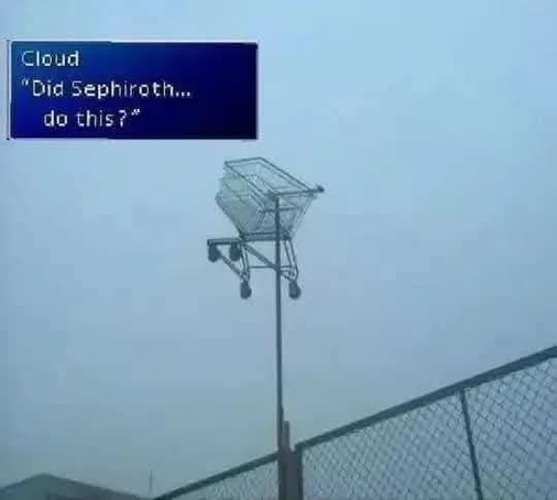 A photo of a shopping cart on top of a fence post, with the Final Fantasy VII dialogue box from Cloud Strife that reads "Did Sephiroth... do this?"