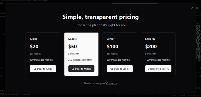 Popup avec les différents tarifs de 20$ a 200$