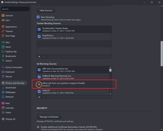 The 2nd screenshot shows that once you click on the button "Managed Sources" two categories display, which are "Tracker Blocking Sources" and "Ad Blocking Sources".  The screenshot shows that the 3rd item within "Ad Blocking Sources" reads "Allow ads from our Partners (support Vivaldi)", is un-checked. The photo implies you should un-check this if it is checked (which is is by default).