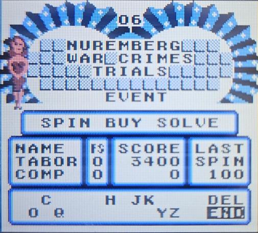 Solved Wheel of Fortune puzzle for the Gameboy Advance spelling out "Nuremberg War Crimes Trials".