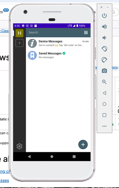 screenshot of android emulator running deltachat tauri edition showing the chatlist