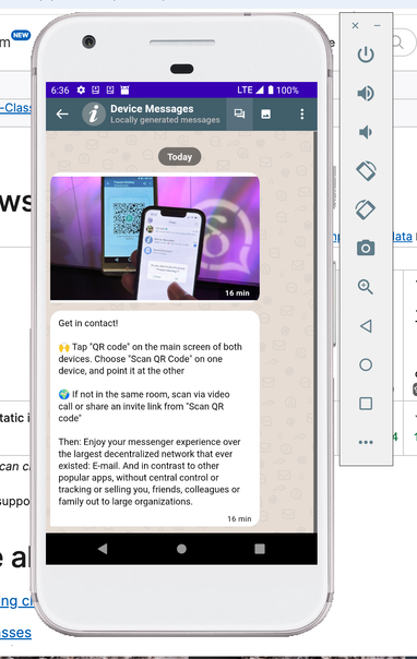 screenshot of android emulator running deltachat tauri edition showing the device messages chat