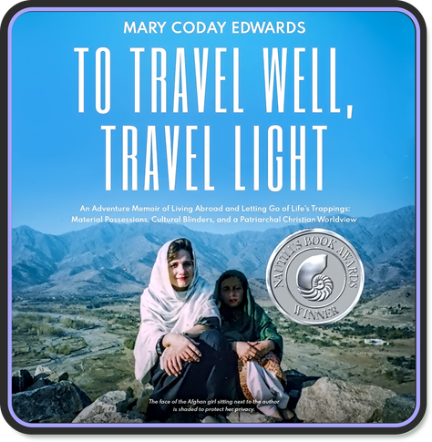 The book cover of "To Travel Well, Travel Light".
it is one image with text overlay. In the foreground is the author with her head covered and a little girl in deep shadow to protect the little girl from the conservatives in her country. They are siting on a rocky outcropping with a mountain range in the background. There is a valley in the middle ground.
There is a deep blue sky in the upper half with the title, subtitle and author name.