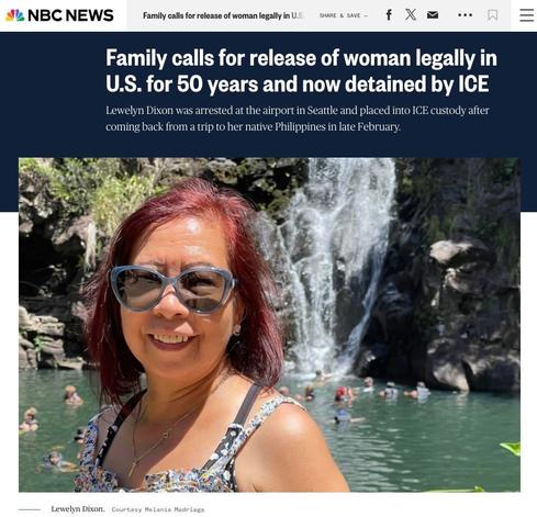 NBC News website screenshot of a headline and photo of Lewelyn Dixon.

"Family calls for release of woman legally in US for 50 years and now detainted by ICE"