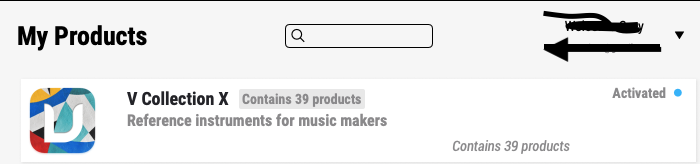 Screenshot showing someone (name and email is scratched out) has purchased Arturia's V Collection, an extensive bundle of softsynths that is very popular among music producers.