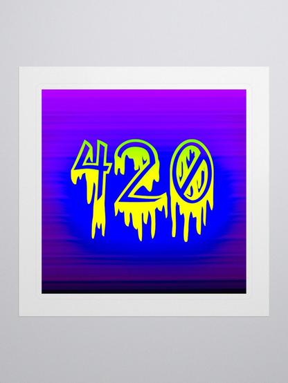 A square shaped sticker in shades of purple and blue. It features the number 420 in yellow, creepy dripping font. There's a white border around the sticker. Light gray background.