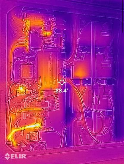 Infrared image of a solar system setup, showing some cables getting really hot from a loose connection