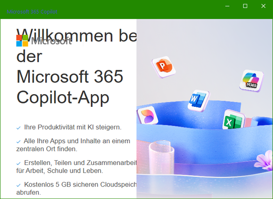 Modaler Dialog von "Microsoft 365 Copilot". Der Titel ist teilweise hinter dem Microsoft-Logo versteckt und teilweise zu lang für die Text-Seite des Dialogs. Die Text-Seite enthält Werbung für Copilot in Form von Stichpunkten. Es gibt keine Buttons abseits der Fensterleiste. Der Fenstertitel ist falsch ausgerichtet und blau auf grün.