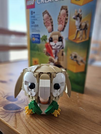 A Lego model of the pokemon Rowlet. It's an alternative build for the Lego Bunny set 31126. it's box is in the background