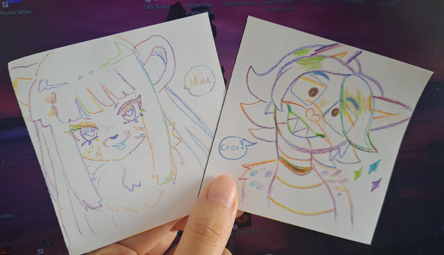 Sketch with "rainbow" colors!! The first is a tiger, Nia, OC of my bestie; the second is a crocobat, fusion between a crocodile and a bat, my fursona