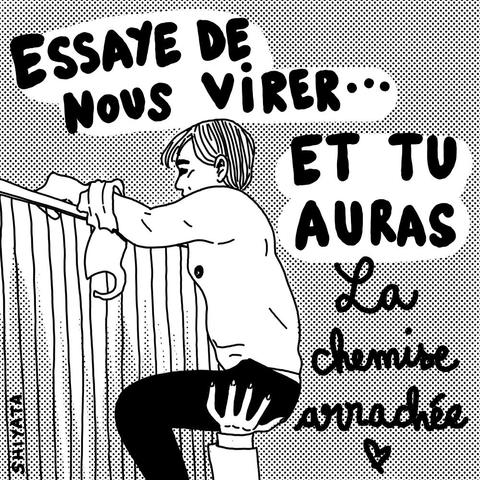 Dessin représentant le DRH d'air France à la chemise arrachée, en train d'essayer d'escalader une barrière. Il y a écrit "ESSAYE DE NOUS VIRER... ET TU AURAS La chemise arrachée ❤️".
