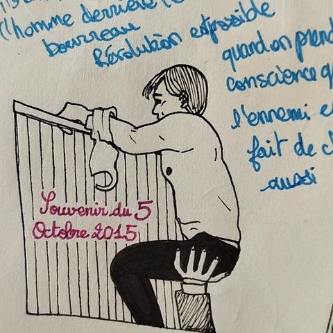 Le même dessin mais version papier, avec écrit "Souvenir du 5 Octobre 2015" en rose.