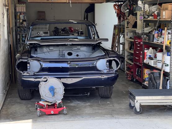Front view of 1964 Corvair fit into tiny garage