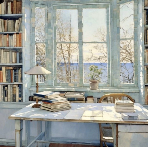 Devant une fenêtre donnant sur un lac, un bureau d’écrivain avec des livres, un cahier de notes, une bibliothèque.