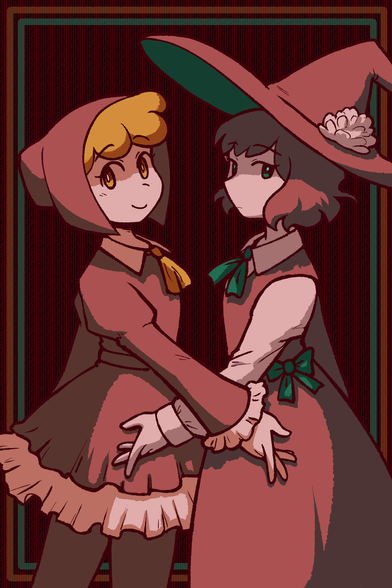 A drawing of two women in witch attire looking towards the camera.