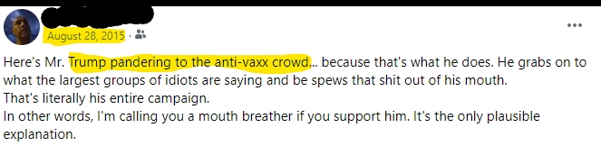 A Facebook post from August 2015 calling out Trump pandering to anti-vaxx nut jobs.