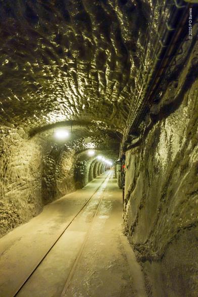 A long, straight and narrow arched tunnel carved out of solid salt, with railway lines running down the centre. The walls and ceiling are rough, with obvious tool marks; only the floor has been made smooth. The tunnel is lit at intervals by overhead lights, but is so long that the end of the tunnel can't be seen.