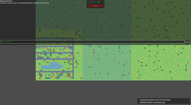 Screenshot of my game Shatterpoint showing a developer console on the upper half with the following text visible:

Taking Screenshot ...
Screenshot saved to user://screenshots/2025329_234323_screenshot.png

The same message ist getting shown in the bottom right in an info box.


Below of the console there is the game visible, the graphics are from a top down perspective showing a city to the bottom left with grass around it.