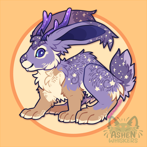 Cute art of a lavender jackalope with a beige belly and tan legs. Its fur is swirled with darker purple marking and beige stars.