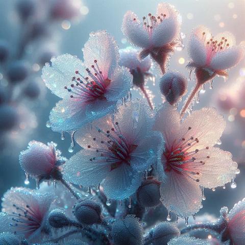 ①«#aiart Generated by BingImageCreator»
Hyper-realistic vivid digital art. Close-up. Delicate ice-crafted cherry blossoms glisten in the pale light of a winter morning. Macro photography. Frosted glass-like petals shimmer with intricate crystalline details. Icy droplets cling to the blossoms' edges, refracting tiny rainbows. Soft, serene misty atmosphere. Pastel color palette with pale blues and pinks. High-quality, detailed, 8k resolution, masterpiece, realistic, icy sheen, crystalline structures, delicate, frozen
