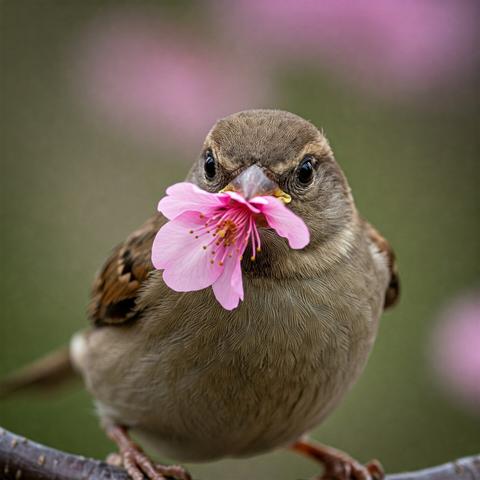 ②«#aiart Generated by Gemini-imagen3»
(Close-up photo: A sparrow holding a cherry blossom in its beak.) The sparrow is holding the calyx of the flower in its beak and looking in the direction of the camera.