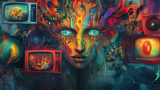 Délire Télévisuel
Visage énigmatique fusionné avec des flux de couleurs psychédéliques, entouré d’écrans rétro diffusant des visions distordues.
Mysterious face fused with psychedelic color flows, surrounded by retro screens displaying distorted visions.