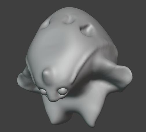 A 3d sculpt of a hunched over creature with large eyes, two legs, a catlike face, strange hollows and ridges on its back ant arms reminiscent of jellyfish.