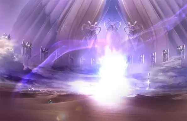 Background image on Metroid Japanese webpage. A desert landscape with a bright flash of light nar the middle, the sky is purplish, clouds surrounding the bright light in the distance. Also in the sky are what appear to be bird-like statues, and above those statues are figures that appear to be the Lamorn, which are cephalopod-humanoid-like figures with 6 ribbon-like tentacles or antanae coming out of their heads and a visible purple object at the center of their foreheads.
