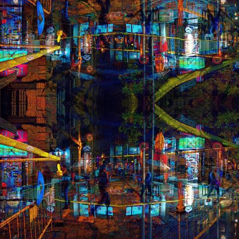 Barcelona digital edited layered/mirrored triple exposure raw street photography, made with the GNU Image Manipulation Program and Gwenview.