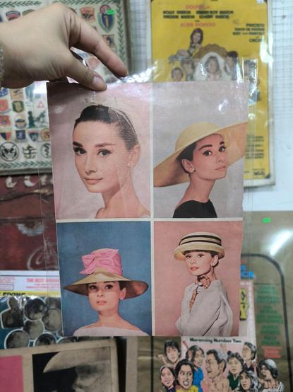 a magazine page with four photos of Audrey Hepburn, one in a veil, three in stylish hats