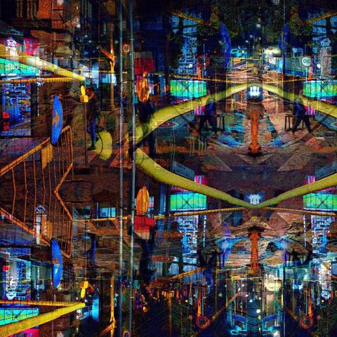 Barcelona digital edited layered/mirrored triple exposure raw street photography, made with the GNU Image Manipulation Program and Gwenview.