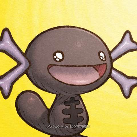 Digitally-handmade fanart profile picture of a Paldean Wooper Pokémon facing forward towards the right side of the image at a 3/4 angle with a pleasantly amazed expression, on a yellow gradient background.