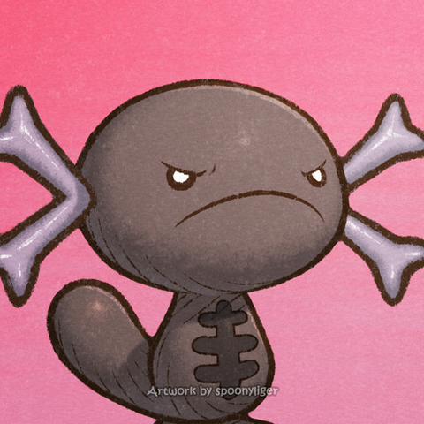 Digitally-handmade fanart profile picture of a Paldean Wooper Pokémon facing forward towards the right side of the image at a 3/4 angle with a mad facial expression, on a magenta gradient background.