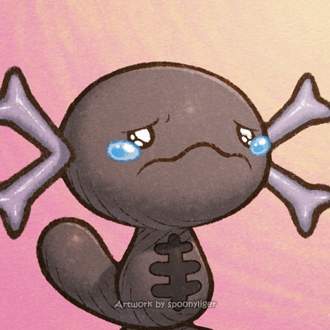 Digitally-handmade fanart profile picture of a Paldean Wooper Pokémon facing forward towards the right side of the image at a 3/4 angle with a sobbing facial expression, on a pink-to-peach gradient background.