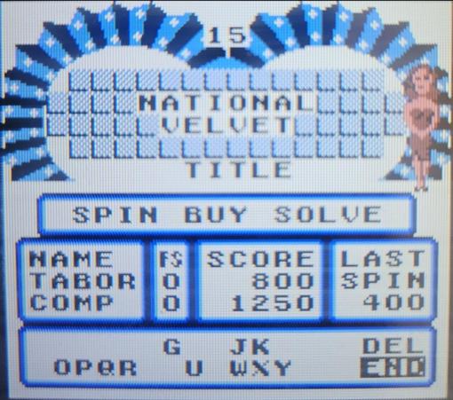 Solved Wheel of Fortune puzzle for the Gameboy Advance spelling out "National Velvet".