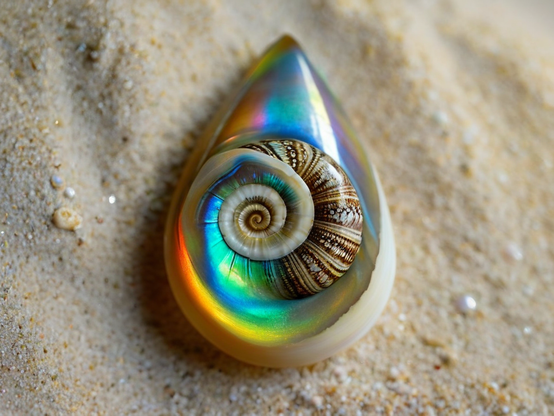 An opalized spiral fossil shell, in a polished teardrop shape emphasizing its rainbow iridescence, resting on soft tan beach sand.