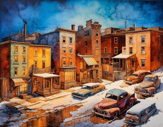 Decaying parking lot filled with vintage and abandoned cars, ice, and construction materials, in a behind-the-scenes area which some old brick shop buildings back up on. The setting is a run-down rural town, in the waning light of a winter afternoon.