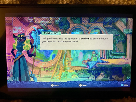 This screenshot shows the story exposition that occurs between stages. The main protagonist Evni Hunt says, “I will gladly sacrifice the opinion of a CRIMINAL to ensure the job gets done. Do I make myself clear?”
