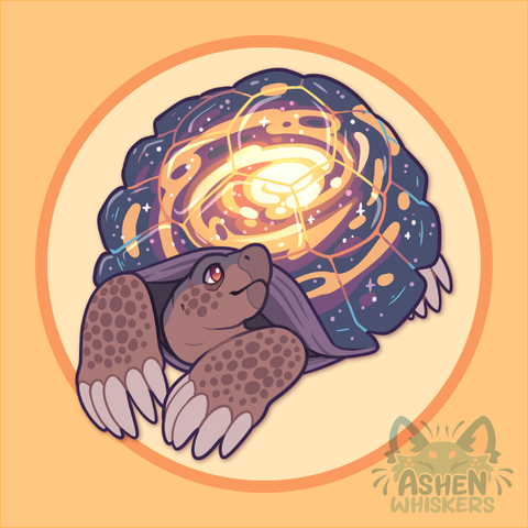 cute art of a dark dusty brown tortoise. Its shell is transparent and contains a galaxy.