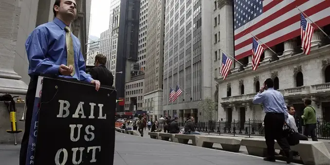 a banker standing on wall street, begging for a bailout