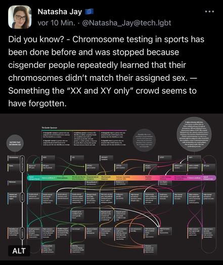 Natasha Jay
vor 10 Min.• @Natasha_Jay@tech.lgbt
Did you know? - Chromosome testing in sports has been done before and was stopped because cisgender people repeatedly learned that their chromosomes didn't match their assigned sex. — Something the "XX and XY only" crowd seems to have forgotten.🖖